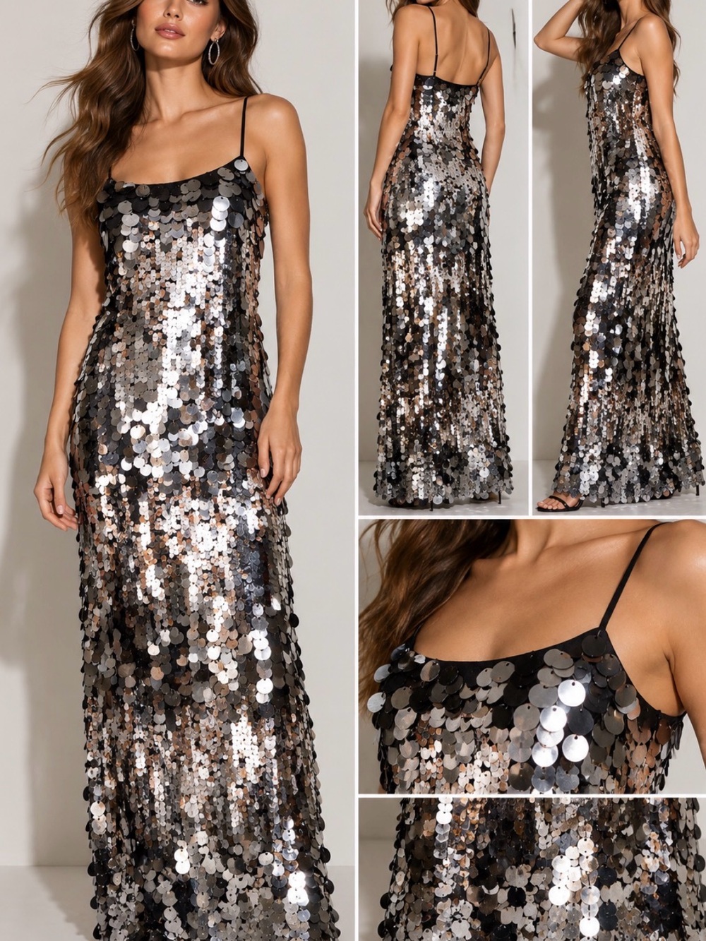 NWT Le' AL.X Sequin Paillette Maxi Dress Silver Black Size L